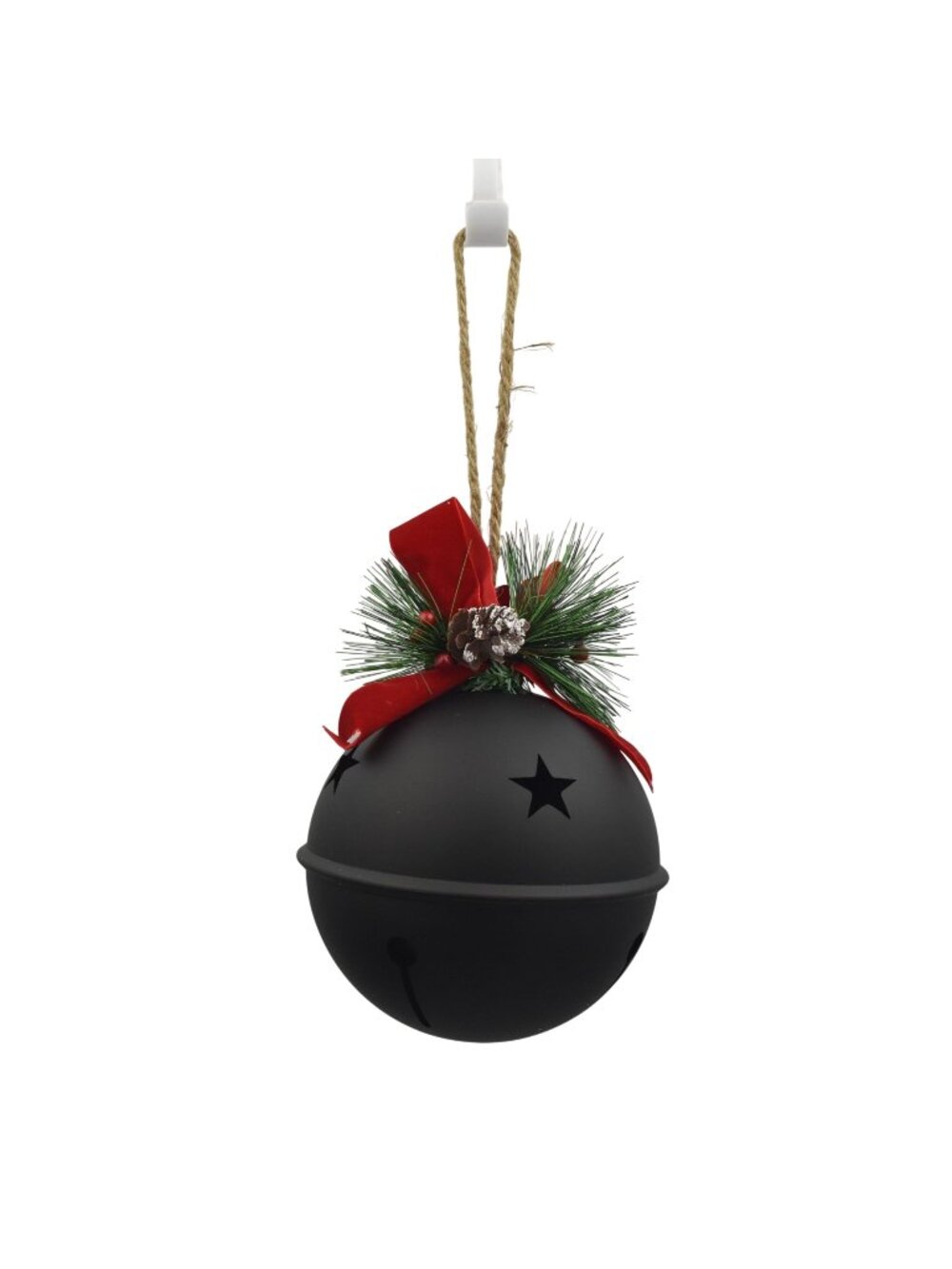 Jumbo Black Christmas Jingle Bell Ornament With Pine & Red Bow